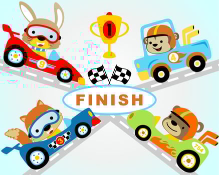 vector illustration set of car racing with funny animals racer