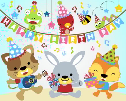 Funny animals cartoon vector in birthday party. Birthday elements cartoon