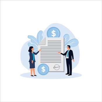 Financial obligation document. Promissory bill, loan agreement, debt return promise. Issuer and payee signing contract. Businessmen making deal. Vector ILLUSTRATION