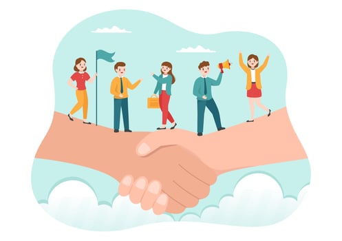 Business Leadership with Businessman Leader Helps the Team to Develop Themselves to Success in Flat Cartoon Hand Drawn Templates Illustration vector