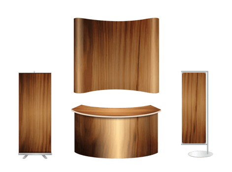 Trade show booth exhibition stand design mock up. Front view with wood texture background png