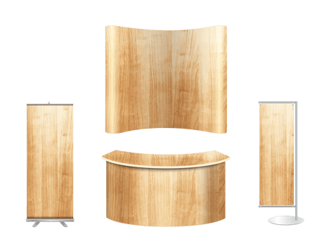 Trade show booth exhibition stand design mock up. Front view with wood texture background png