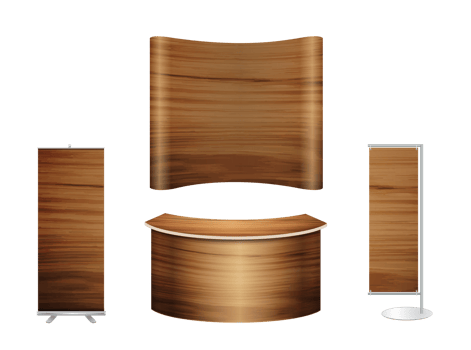 Trade show booth exhibition stand design mock up. Front view with wood texture background png