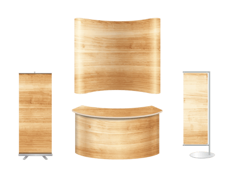 Trade show booth exhibition stand design mock up. Front view with wood texture background png