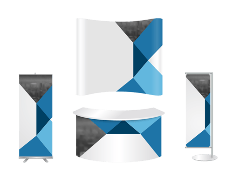 Advertising exhibition stand design with promotional elements in corporate identity style isolated png