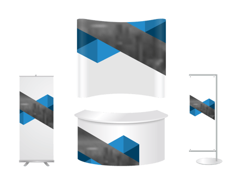 Advertising exhibition stand design with promotional elements in corporate identity style isolated png