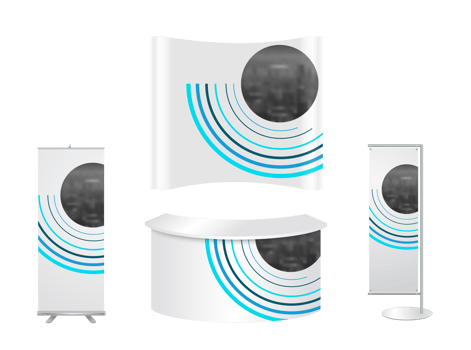 Advertising exhibition stand design with promotional elements in corporate identity style isolated png