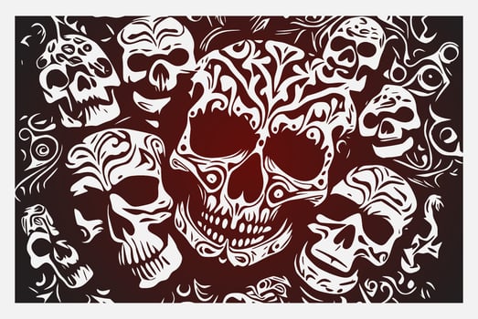Vector Skulls Background. Vector illustration with several skulls at different angles swimming in a sea of tattoo style roses. Great collection of individually grouped elements.