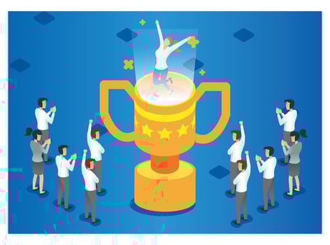 3d isometric celebrating success in achieving sales target. Vector Isometric Illustration Suitable for Diagrams, Infographics, And Other Graphic assets