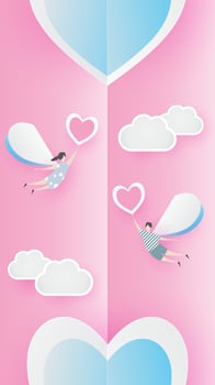 valentine lovely joyful on pink paper background concept. with text love 14 february, boy and girl fly with heart balloon, sky, vector. design for valentine card, gift, poster, paper cut, border, idea vector