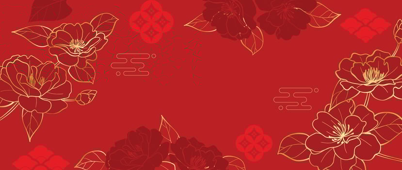 Oriental Japanese and Chinese luxury style pattern background vector. Elegant oriental golden cherry blossom flowers on chinese pattern red background. Design illustration for wallpaper, card, poster. vector