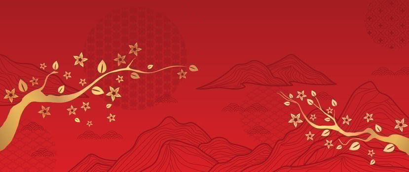 Oriental Japanese and Chinese luxury style pattern background vector. Gold oriental botanical leaf branch with chinese pattern line art red background. Design illustration for wallpaper, card, poster. vector