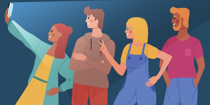 People take selfies at night with a flash, stand in profile in different poses and different races. Vector illustration on a dark background.