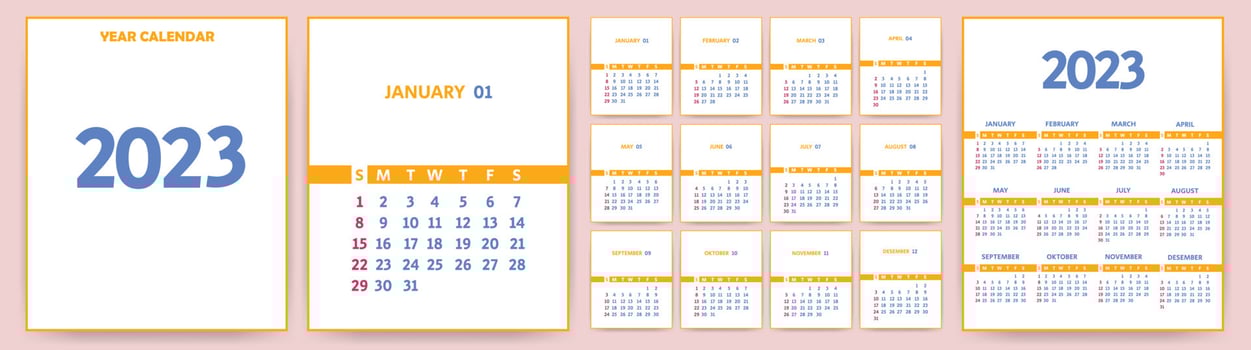 Month and year calendar template for 2023. Calendar template for 2023.  The week starts on Sunday. Vector