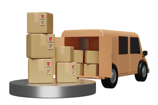 3d truck, orange delivery van with podium, goods cardboard box isolated. service, transportation, shipping concept, 3d render illustration png