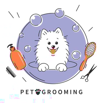 Pet grooming. Animal hair grooming salon logo, haircuts, bathing. Cartoon dog taking a bath full of soapy suds.Vector illustration vector