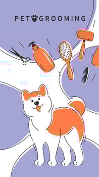 Pet grooming. Cute dog with different tools for animal hair grooming, haircuts, bathing, hygiene. Pet care salon. Vector illustration