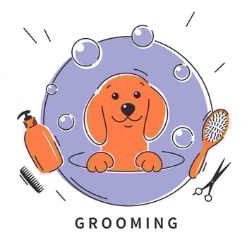 Dog pet grooming. Animal hair grooming salon logo, haircuts, bathing. Cartoon dog taking a bath full of soapy suds.Vector illustration vector