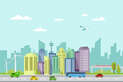 smart city in the future smart transportation skyscrapers and eco energy illustration design vector