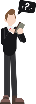 a worker is looking at cellphone while thinking and wondering with bubble chat and question mark element png