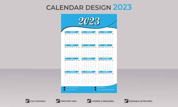 Simple one-page calendar template for year 2023 vector