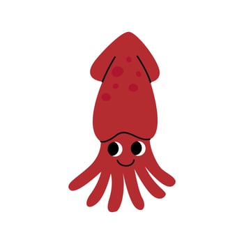 Cute red squid swimming, marine animal. Inhabitants of sea, ocean underwater life. Childish aquatic mammals print for nursery, kids apparel, poster, postcard, pattern. vector