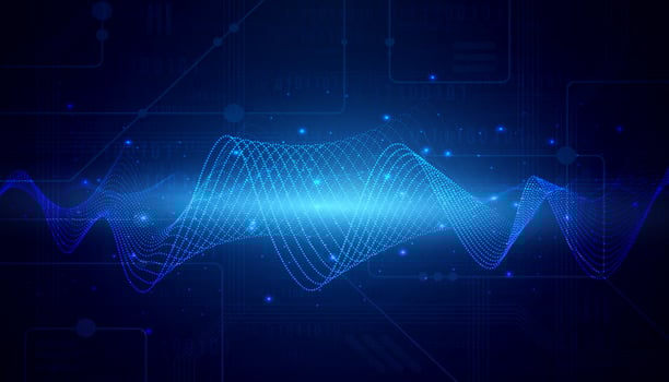 Digital technology data blue background, online cyber media algorithm, abstract wave futuristic circuit tech, innovation future, internet network connection, Ai big data, hi-tech illustration vector
