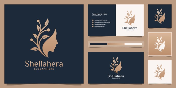 Minimalist woman's face flower with golden gradient logo and business card design. feminine design concept for beauty salon, massage, cosmetic, spa and skin care. vector