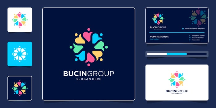 Creative people group with heart symbol and colorful logo design and business card vector