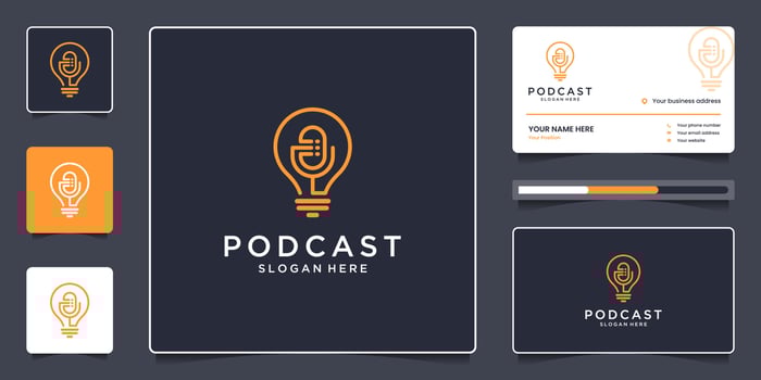 Minimalist podcast logo design and business card, Creative combine microphone and lamp concept vector