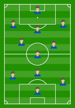 Football field with green grass and with eleven players. Vector illustration