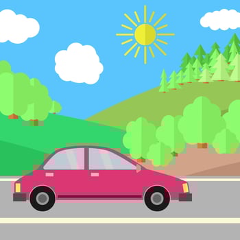 Red Car on a Road on a Sunny Day. Summer Travel Illustration. Car over Landscape. vector