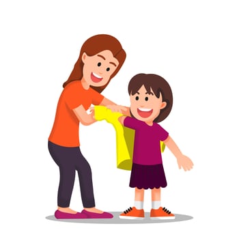 Happy mother helps to dress her daughter vector