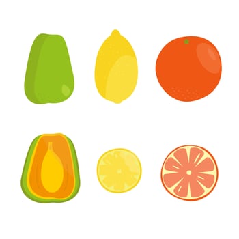 Set of bright exotic fruits whole and sliced in vector on a white background. Orange, mandarin and papaya fruits