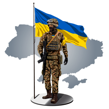 ukrainian soldier with ukrainian flag and map behind. png