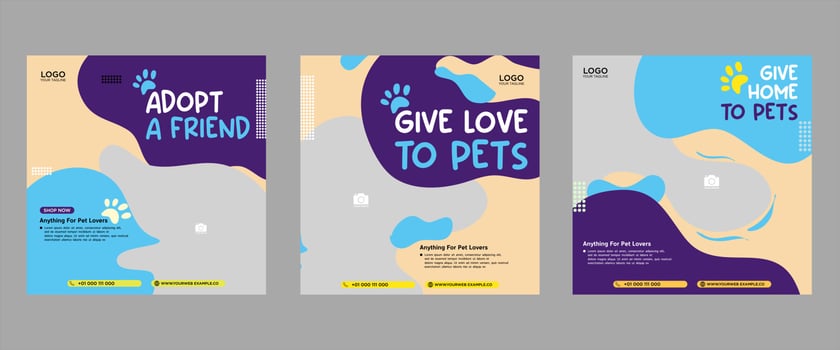 Set of three fluid beautiful color banner backgrounds pet care social media package promotion premium vector template