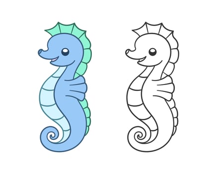 Seahorse cartoon clipart logo and icon set. Colored, outline line art and silhouette. Ocean sea creatures and underwater animals different art style design. vector