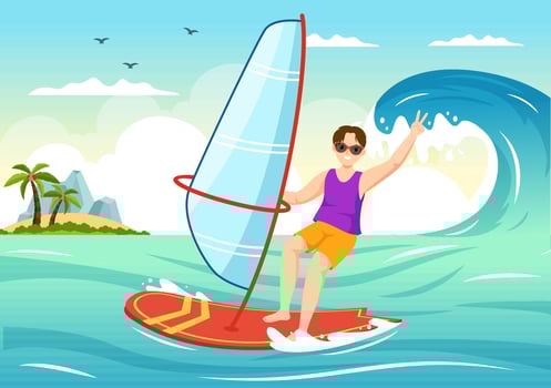 Windsurfing with the Person Standing on the Sailing Boat and Holding the Sail in Extreme Water Sport Flat Cartoon Hand Drawn Templates Illustration vector