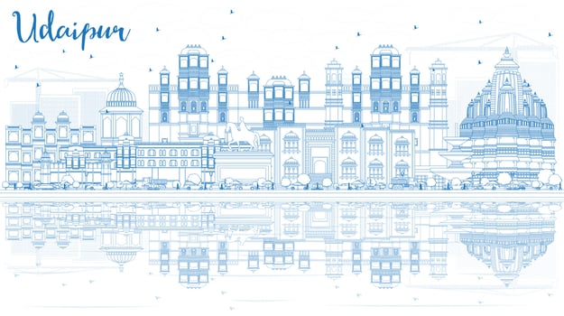 Outline Udaipur India Skyline with Blue Buildings and Reflections. vector