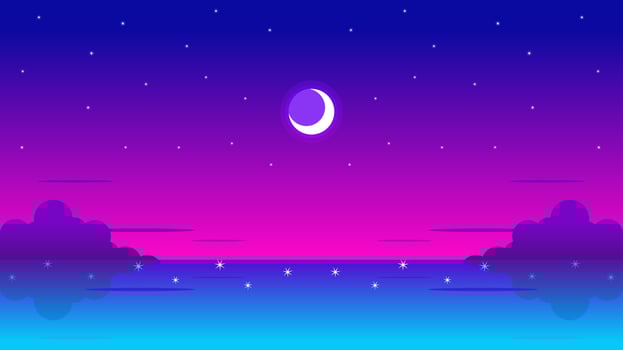 landscape of coast beautiful sea shore beach at night  flat vector illustration