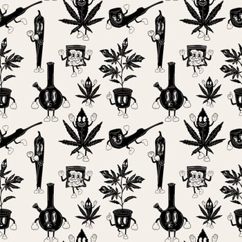 Seamless pattern with Set of stickers Cartoon mascot character. Medical cannabis, weed,Bong, glass jar,Plastic bag,Cannabis Cigarette, marijuana character concept vector