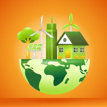 Green Energy. 3d illustration of house, building. solar panels and wind turbines above the earth vector