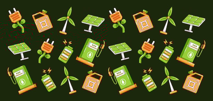 Green energy. Solar panel, wind turbine, battery and petrol icon pattern vector