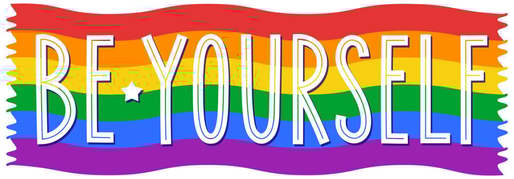 Be yourself phrase with LGBTQIA flag on background. vector