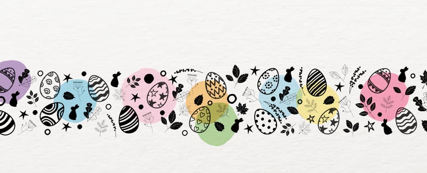 Closeup and crop Easter eggs with decorate nature in doodle style and colorful dot on white paper pattern background. vector