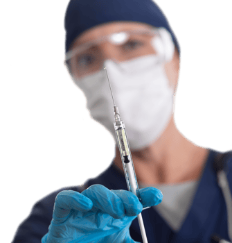 Transparent PNG Doctor or Nurse Wearing Medical Face Mask and Goggles Holding Syringe with Needle.
