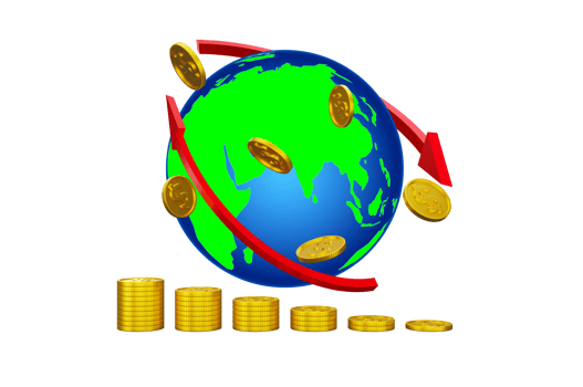 3d rendering red arrow and world with stack gold coins  illustration concept stock market finance investment transparency png