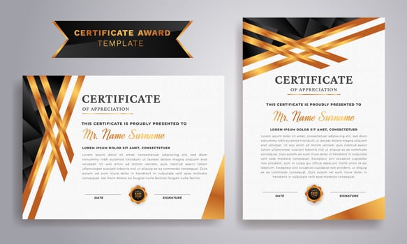 Black gold color certificate award design template. Luxury badge and modern line pattern. Diploma vector template.