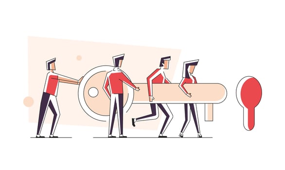 Teamwork concept with coworking and office work symbols flat vector illustration