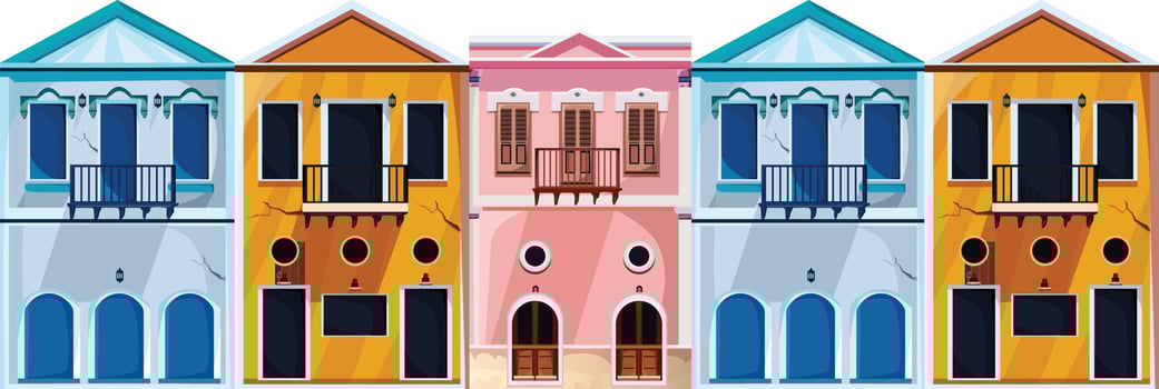 Home facade with doors and windows , Cartoon vector illustration.